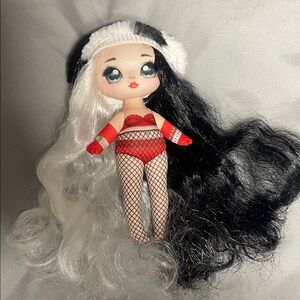 Stylish Black and White Hair Doll with Red Outfit